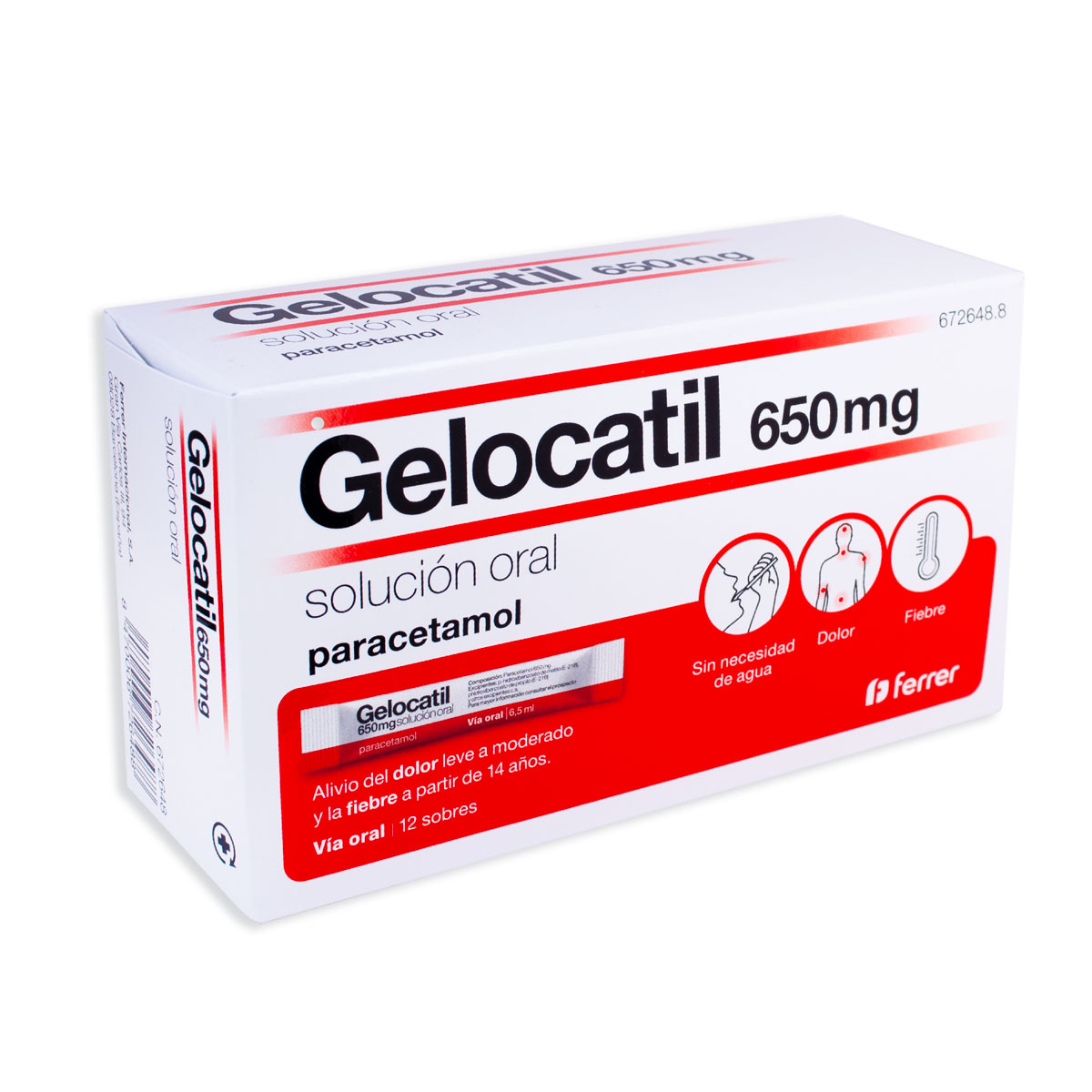 Gelocatil 650 mg Solución Oral, 12 Sobres Gelocatil 650 mg Solución Oral, 12 Sobres Solución oral en sobres con paracetamol (650 mg), de propiedades analgésicas y antipiréticas. Indicado para el alivio del dolor ocasional leve o moderado (dental, de cabeza, muscular) y la fiebre. Se toma directamente o diluido en agua. Pauta flexible: 1 sobre cada 4-6 horas, sin superar 4 sobres al día. Indicado en adultos y adolescentes mayores de 14 años.