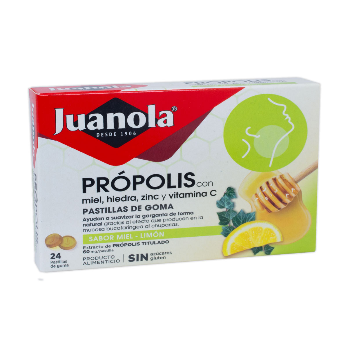 Juanola Própolis con Hedera, Miel, Zinc y Vitamina C, 24 Pastillas Blandas Juanola Própolis con Hedera, Miel, Zinc y Vitamina C, 24 Pastillas Blandas Pastillas de goma que te ayudan a calmar la tos y a suavizar la garganta. Sabor a Miel y Limón.