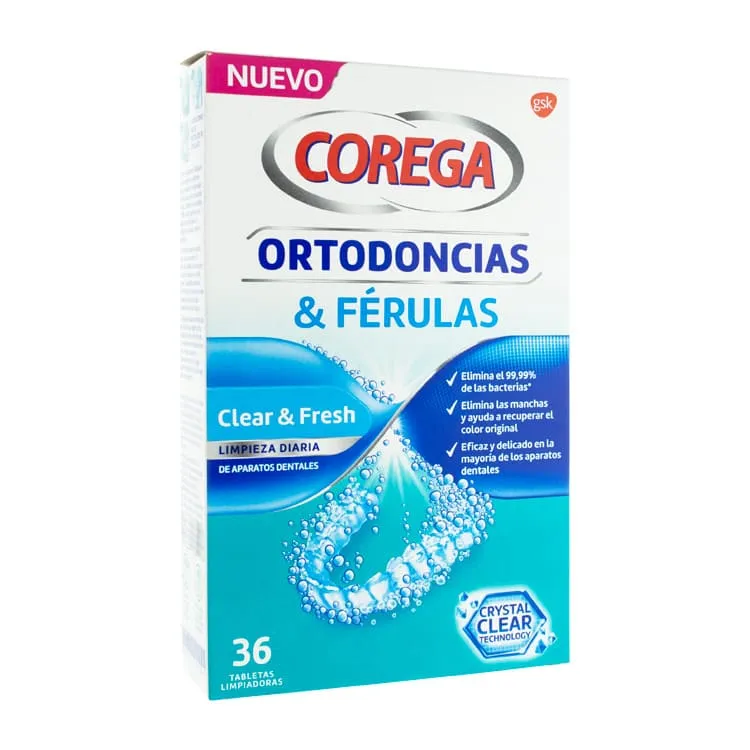 Corega Ortodoncias y Férulas, 36 Tabletas Limpiadoras Corega Ortodoncias y Férulas, 36 Tabletas Limpiadoras Limpieza efectiva de los aparatos dentales. Elimina el 99,99% de las bacterias.