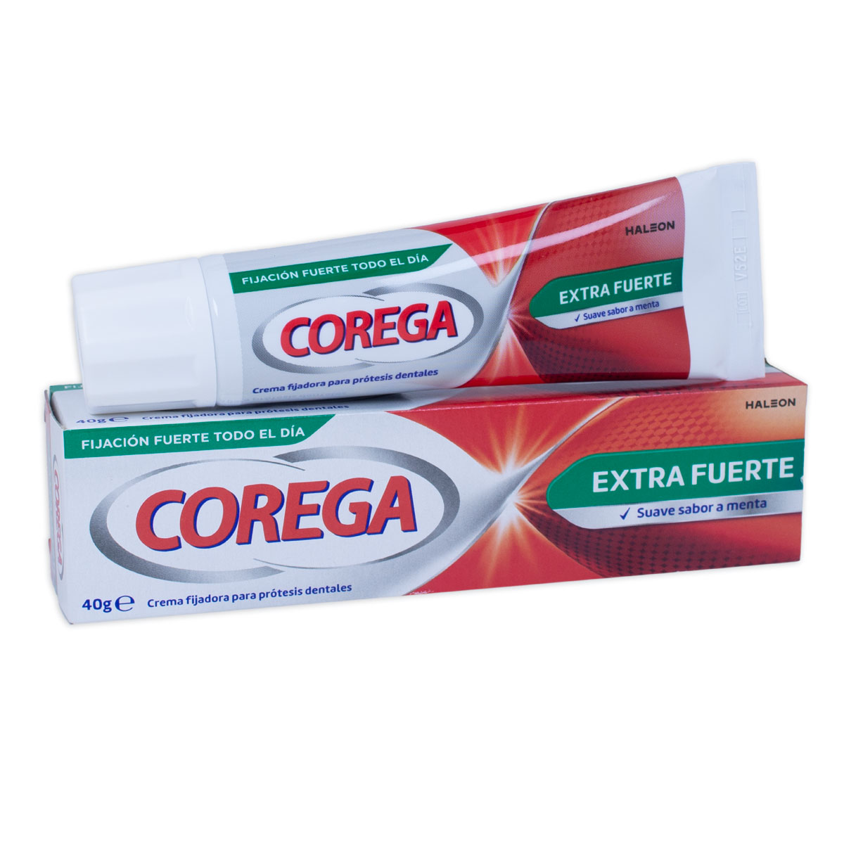 Corega Extra Fuerte Crema Fijadora, 40 g Corega Extra Fuerte Crema Fijadora, 40 g Fija eficazmente tu prótesis dental durante todo el día. Sabor a menta.
