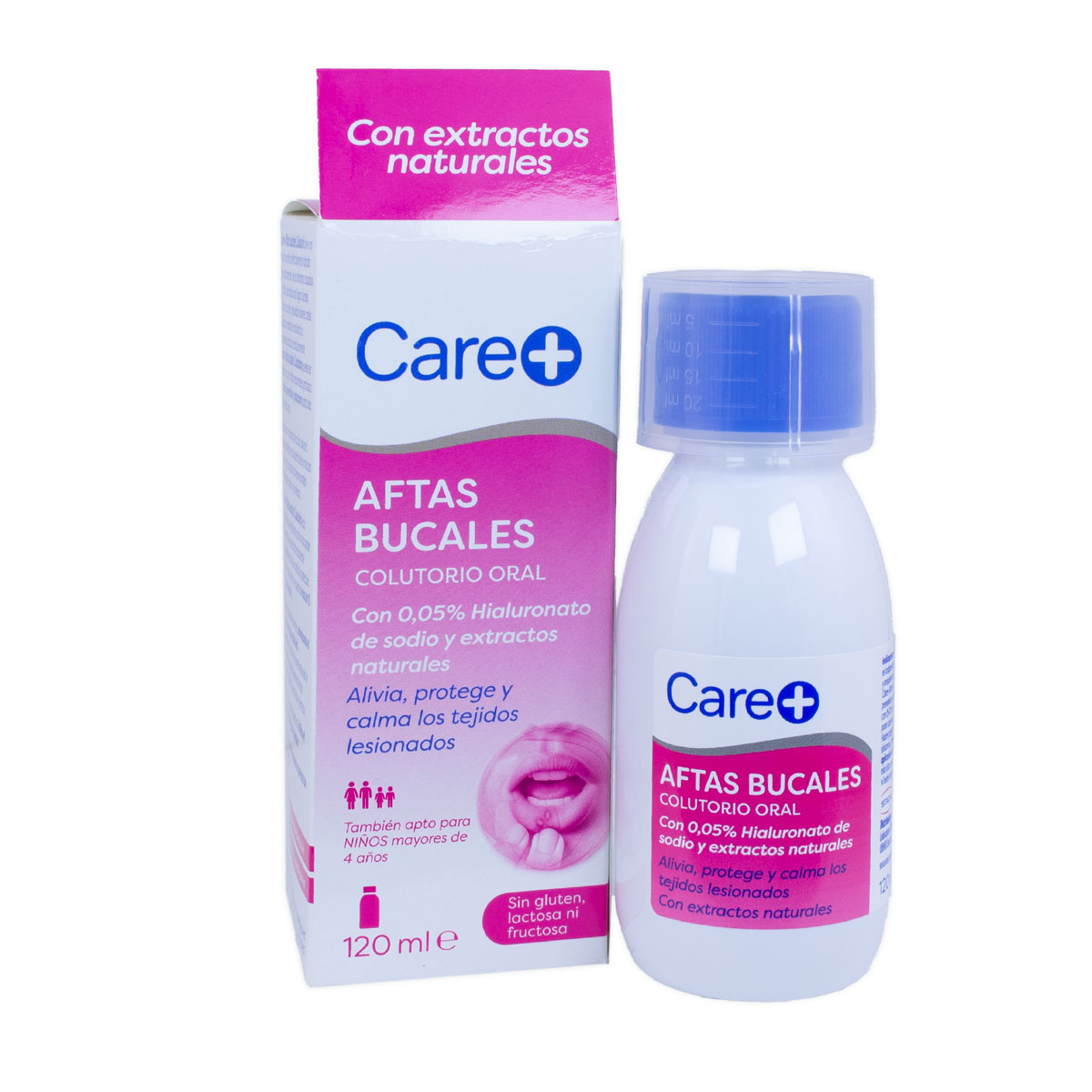 Care+ Oral Colutorio Aftas Bucales, 120 ml Care+ Oral Colutorio Aftas Bucales, 120 ml Alivia, protege y repara los tejidos lesionados de la boca. Elaborado con hialuronato de sodio y extractos naturales.