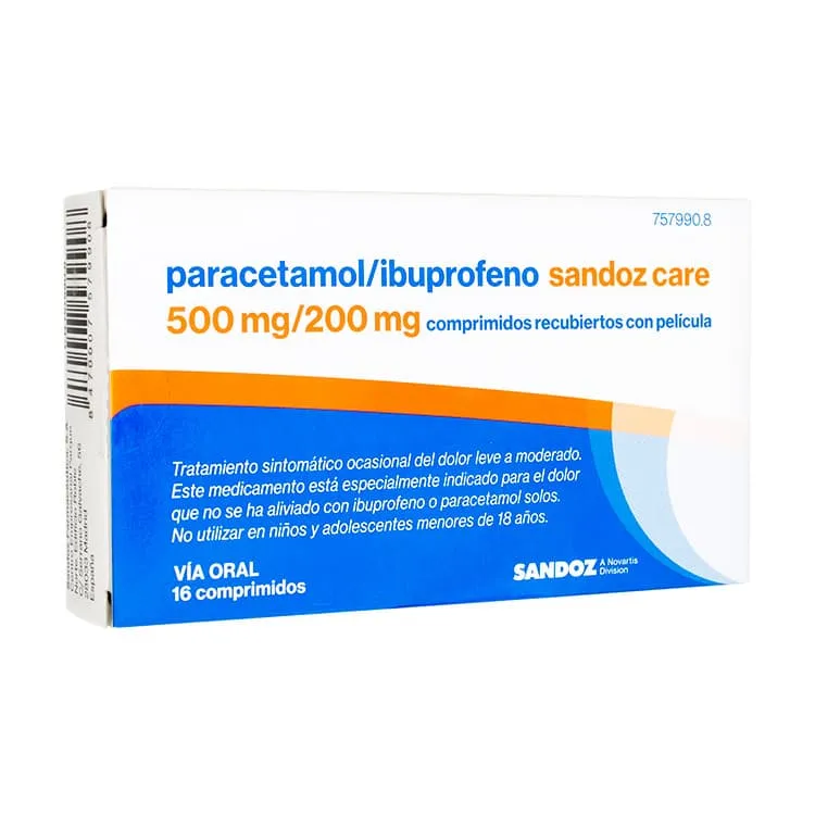 Paracetamol/Ibuprofeno Sandoz Care 500 mg/200 mg, 16 Comprimidos Recubiertos con Película Paracetamol-Ibuprofeno-Sandoz-Care